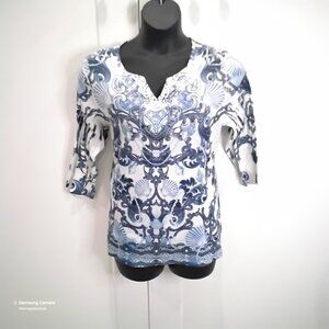 JM Collection Y-Neck Rhinestone Sublimation Blue & White 3/4 Sleeve Tunic NWT XL